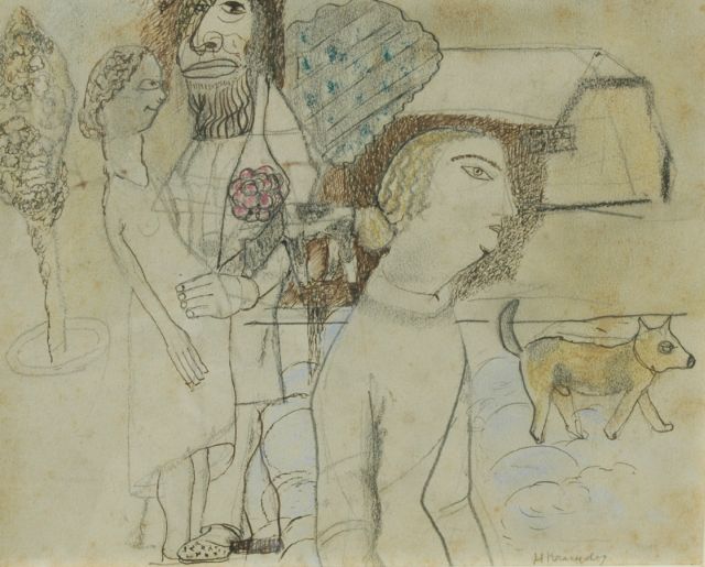 Kruyder H.J.  | The protector of the unwanted pregnant woman, pencil, pen, ink and pastel on paper 17.2 x 21.3 cm, signed l.r. and painted ca. 1922-1926