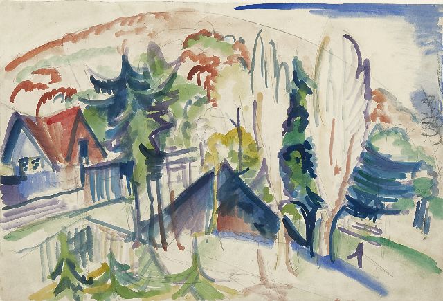 Kirchner E.L.  | A village in the Taunus mountains, Germany, pencil, chalk and watercolour on paper 38.3 x 56.6 cm, painted 1916