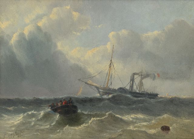 Meijer J.H.L.  | A steamer and French paddle steamer at sea, oil on panel 24.5 x 33.5 cm, signed l.l.