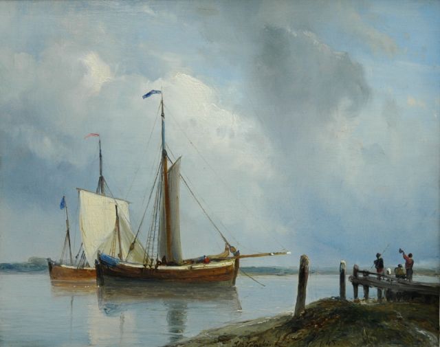 Jongkind J.B.  | Sailing vessels in a river landscape, oil on panel 23.0 x 29.0 cm, signed c.r. and dated '45