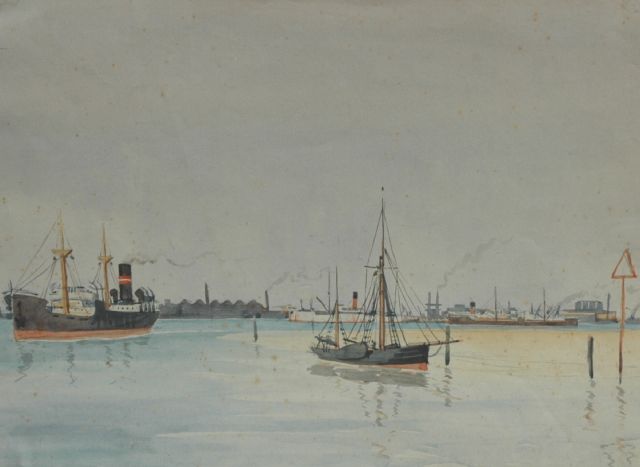 Back R.T.  | Ships in a harbour, watercolour on paper 27.5 x 36.5 cm