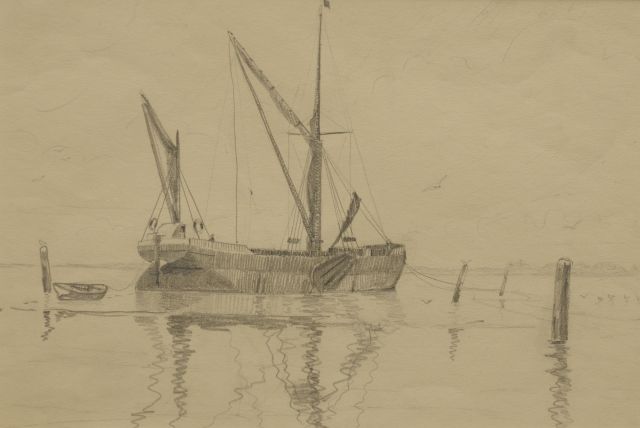 Back R.T.  | A moored 'Thames barge', pencil on paper 25.3 x 35.7 cm, signed reverse