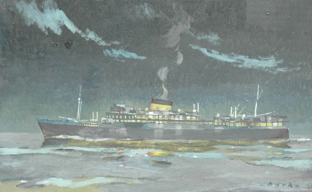 Back R.T.  | Cruise ship by night, oil on panel 25.3 x 40.0 cm, signed l.r.