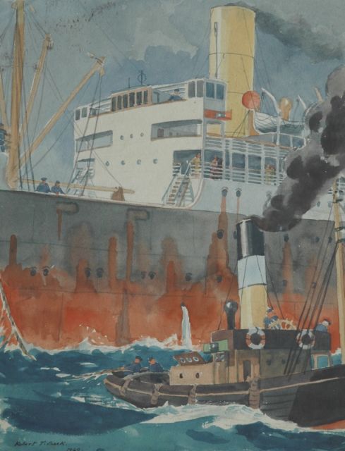 Back R.T.  | The towboat takes over, watercolour on paper 29.2 x 49.5 cm, signed l.l. and dated 1940