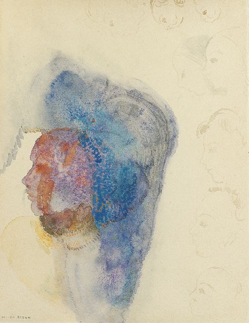 Redon B.-J.  | Vrouw en profil, pen, brown ink and watercolour on paper 27.5 x 21.1 cm, gesigneerd l.o. and te dateren ca. 1912