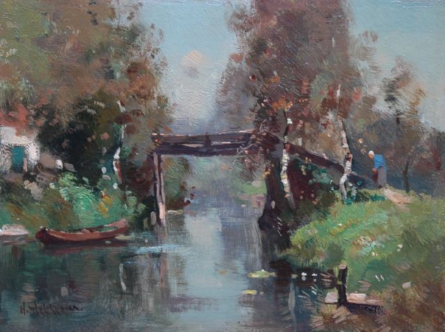 Knikker A.  | A bridge, Giethoorn, oil on panel 18.1 x 24.3 cm, signed l.l. with pseudonym 'H. Welther'