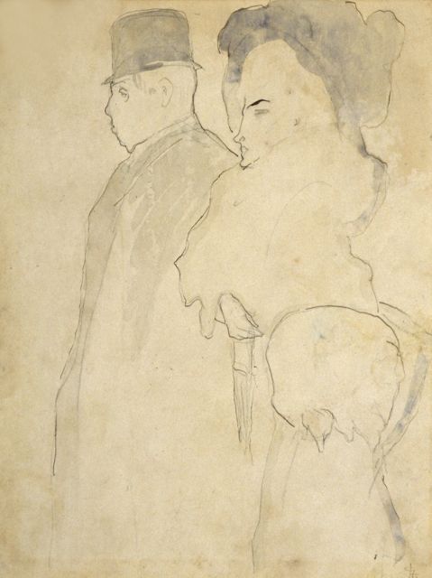 Gestel L.  | Strolling couple, pen and watercolour on paper 26.5 x 20.0 cm, signed l.r. with monogram