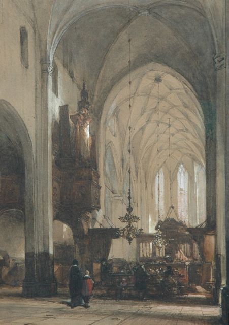 Johannes Bosboom | Kerkdienst in de Grote Kerk te Hattem, aquarel op papier, 49,5 x 36,0 cm, gesigneerd r.o.