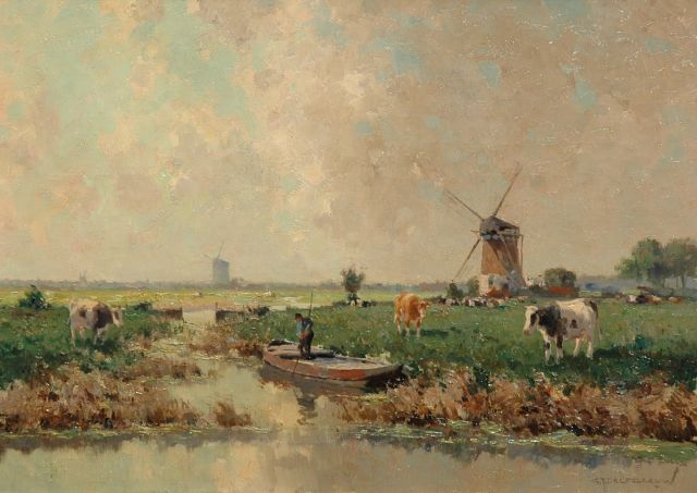 Delfgaauw G.J.  | Punting farmer in a polder landscape, oil on canvas 50.0 x 70.4 cm, signed l.r.