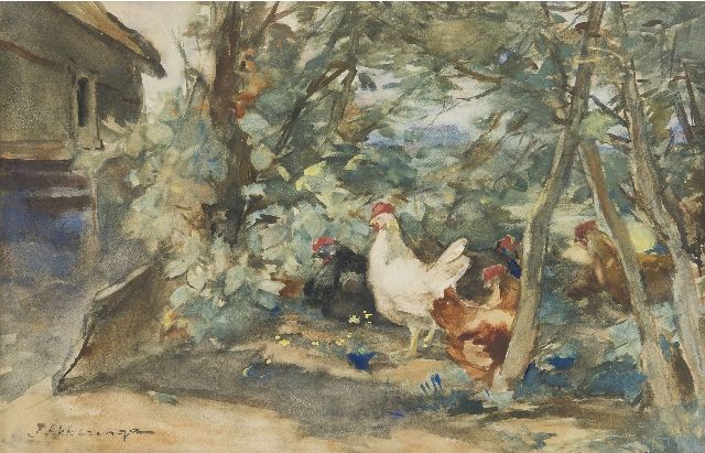Johannes Evert Akkeringa | Chickens on a farmyard, watercolour on paper, 18.7 x 29.3 cm, signed l.l.