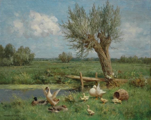 Constant Artz | A polder landscape with ducks and ducklings, oil on canvas laid down on panel, 40.2 x 50.0 cm, gesigneerd l.o.